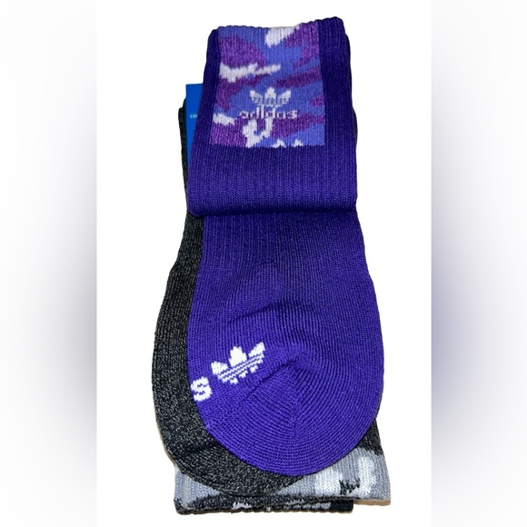 Adidas Crew Socks 3 Pair Men's 6-12 Black Gray Purple Camo w Logo & Trefoil NEW! - Picture 10 of 12